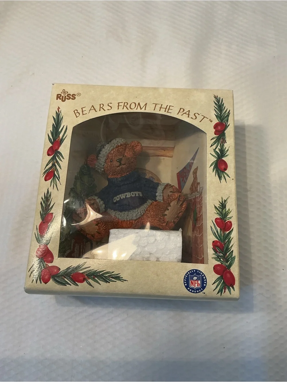 Russ Brown Teddy Bear Ornament with Blue Cowboys Sweater and Gold Cord